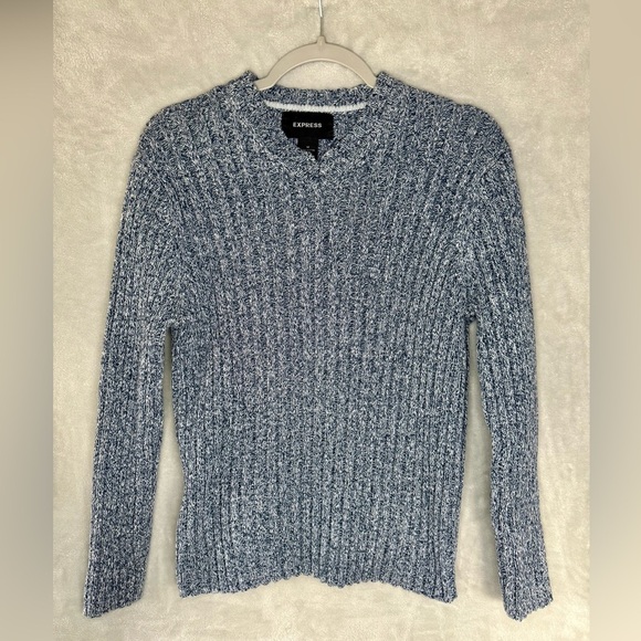 Express Sweaters - Express Heathered Blue V-Neck Sweater